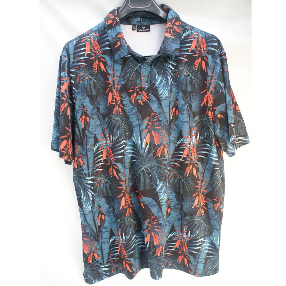 Vincero Mens XXL Tropical Palm Floral Polo Shirt‎ Blue Orange Short Sleeve Golf